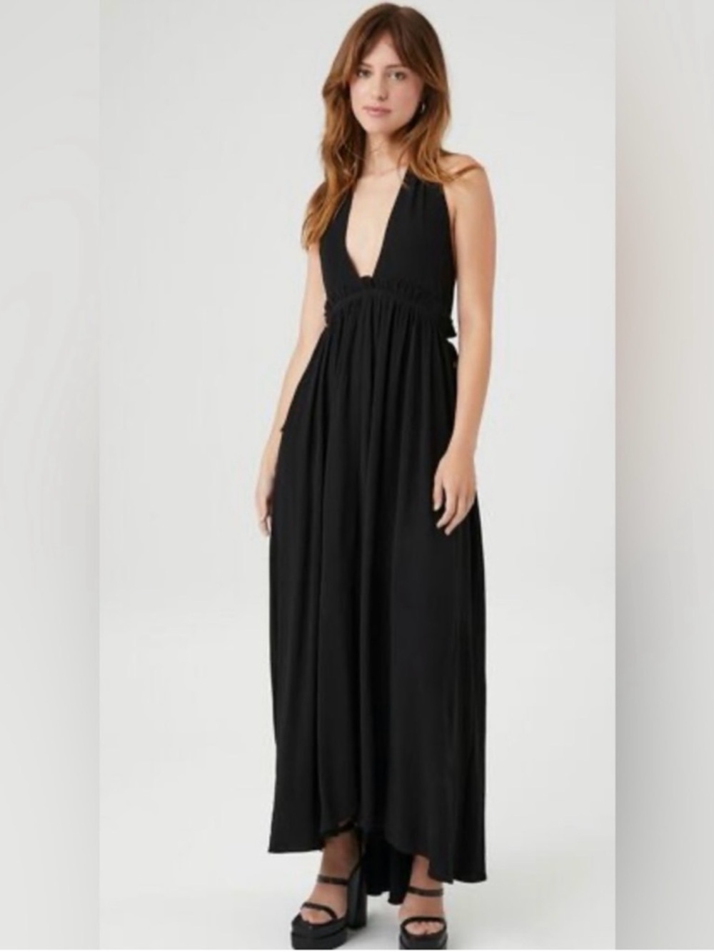 NWT S Black Halter V-Neck Maxi Womens Forever 21 Whimsigoth Festival Boho Dress
